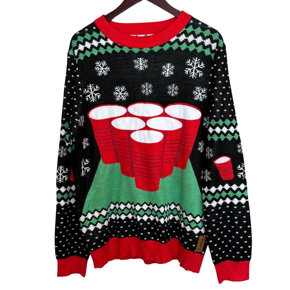 Tipsy Elves Beer Pong Ugly Christmas Sweater Mens Large Black Red Green Knit
